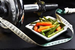 Haltères, mesure, légumes, perte de poids